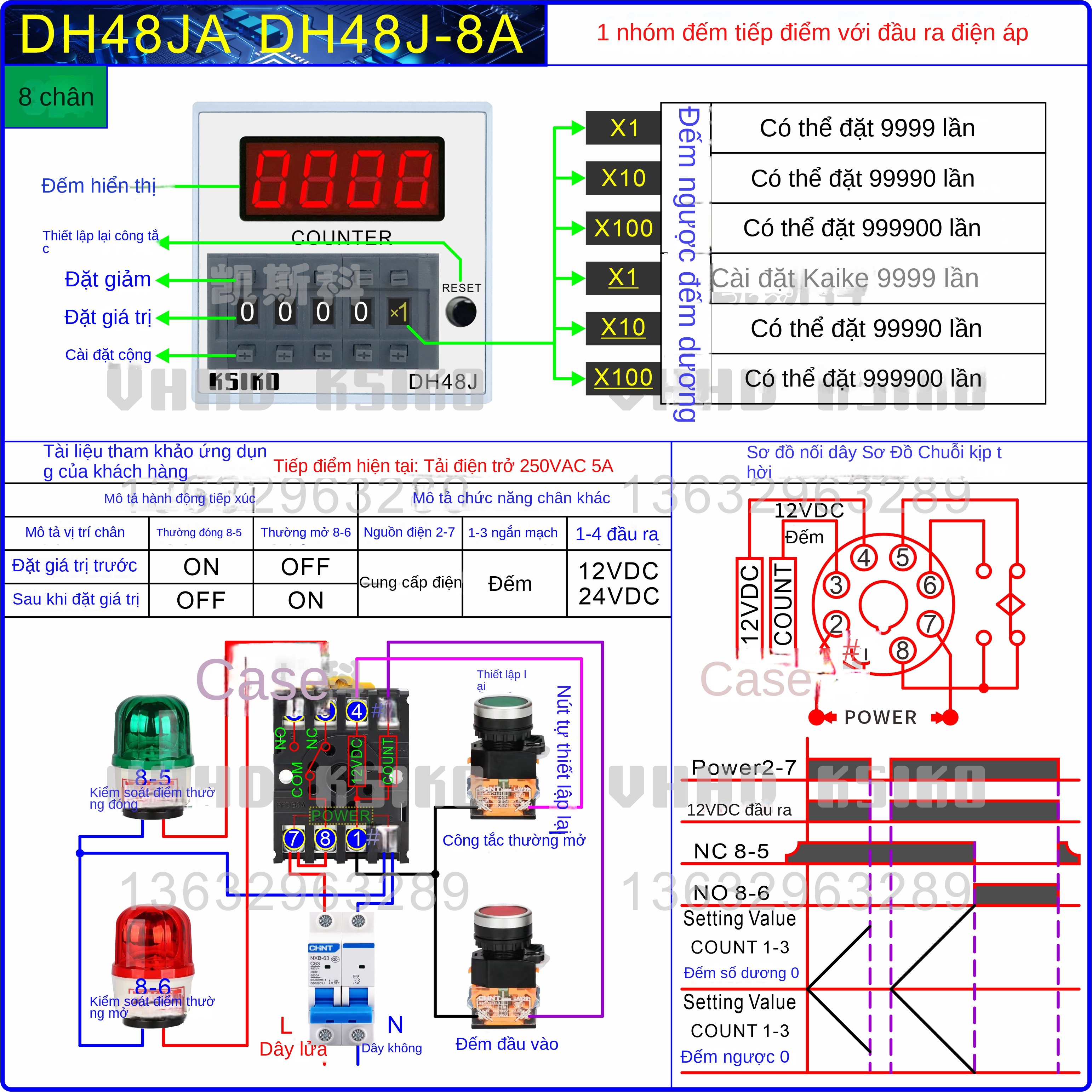 Bộ đếm kỹ thuật số VHHD DH48J/DH48J-A/DH48J-8 – Hiển thị LED, độ chính xác cao, giá ưu đãi – Đế gắn bộ đếm P3G-08 (10 cái), loại 8 chân