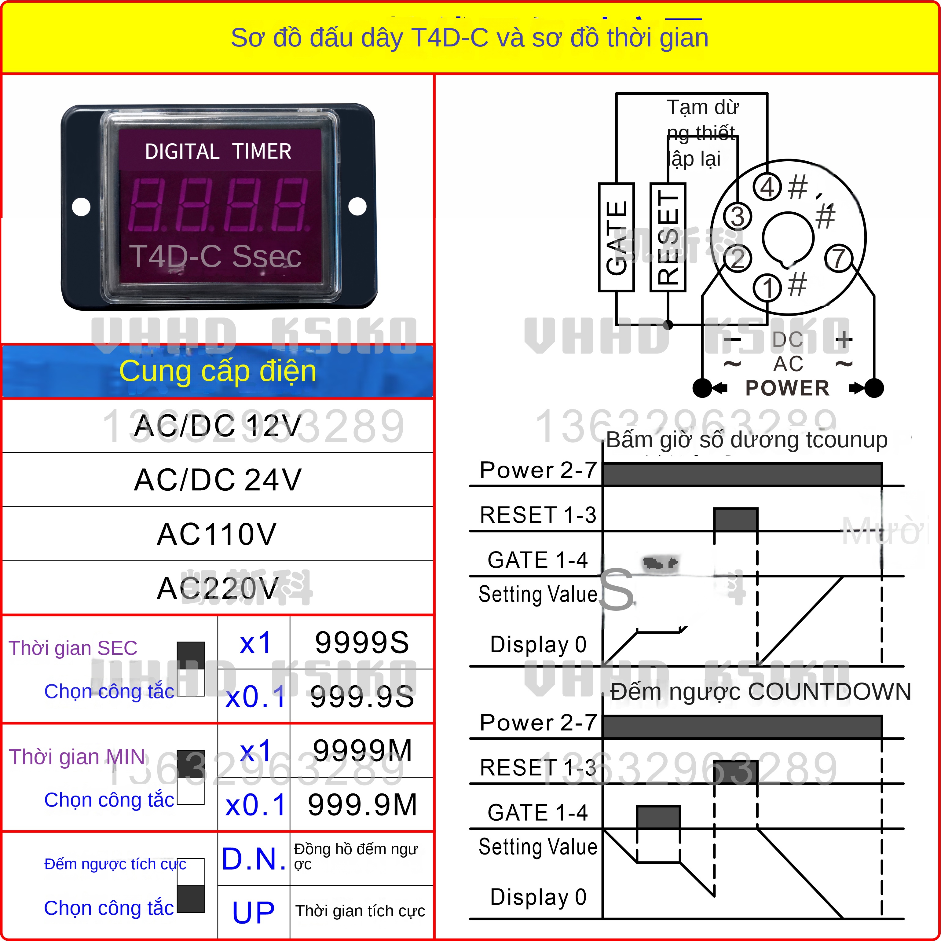Bộ đếm và hiển thị thời gian VHHD T3D-C / T4D-C – Dùng cho máy lưu hóa cao su, hàng chính hãng, bảo hành 1 năm - T4D-C 24VDC/AC 999.9S/9999S