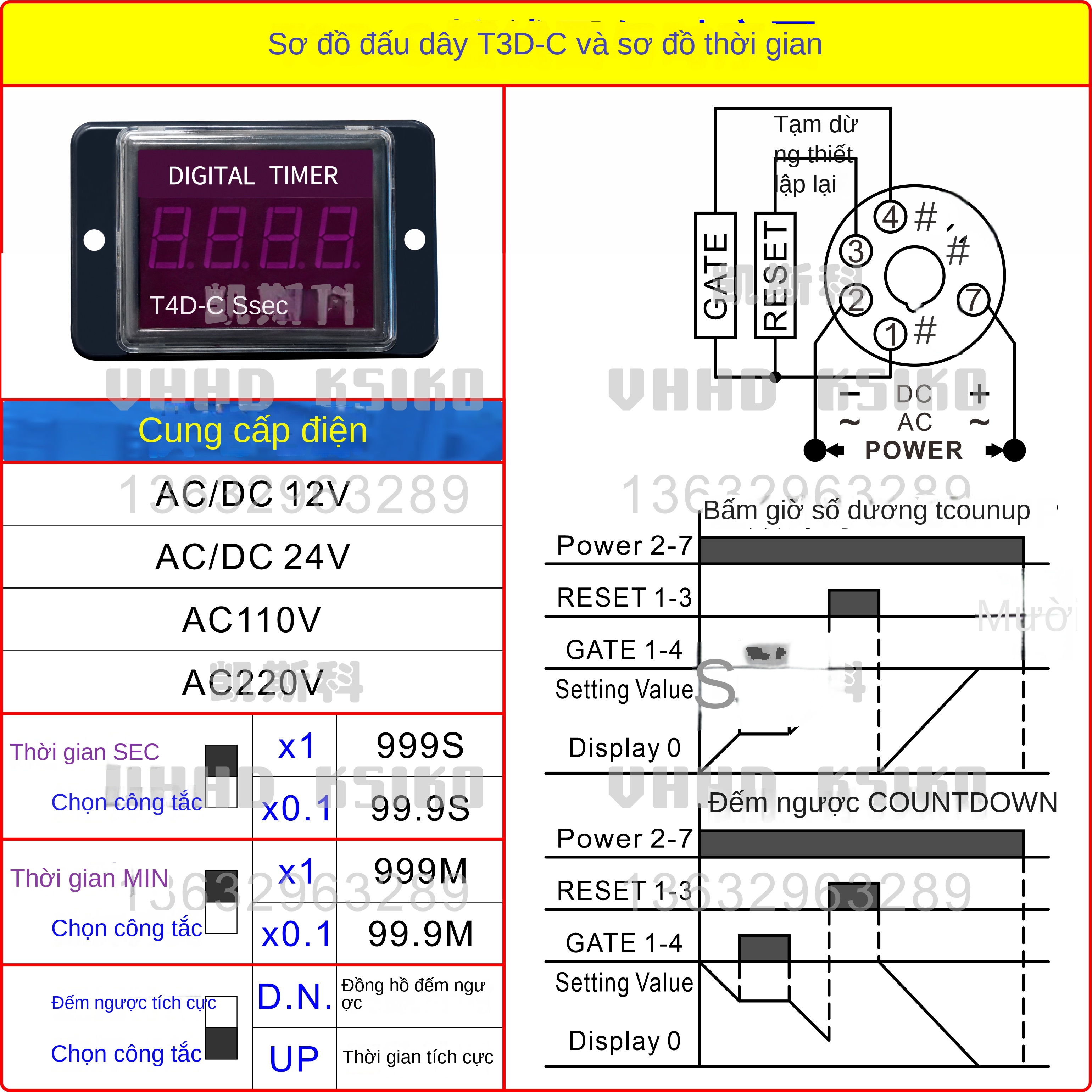 Bộ đếm và hiển thị thời gian VHHD T3D-C / T4D-C – Dùng cho máy lưu hóa cao su, hàng chính hãng, bảo hành 1 năm - T4D-C 24VDC/AC 999.9S/9999S