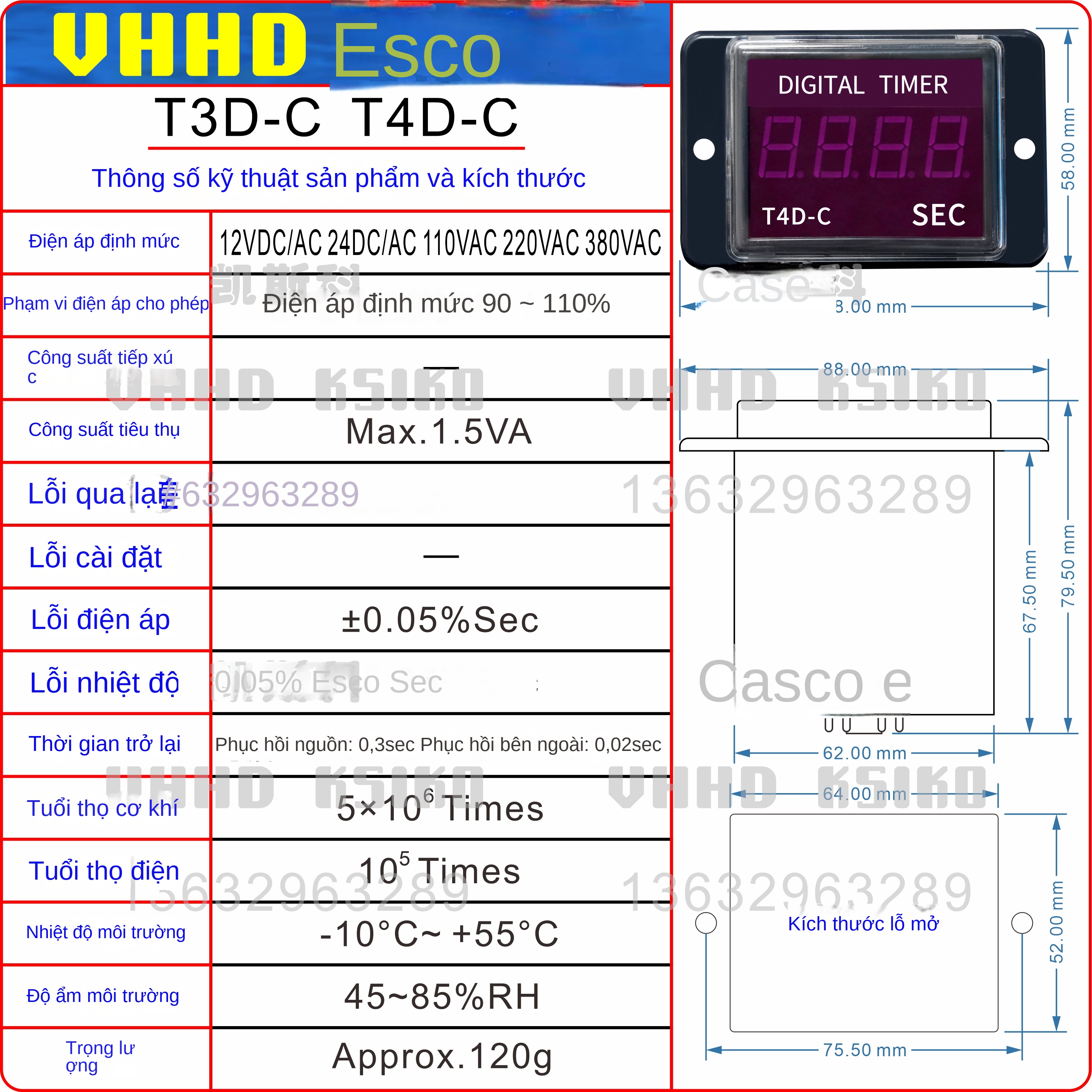 Bộ đếm và hiển thị thời gian VHHD T3D-C / T4D-C – Dùng cho máy lưu hóa cao su, hàng chính hãng, bảo hành 1 năm - T4D-C 24VDC/AC 999.9S/9999S