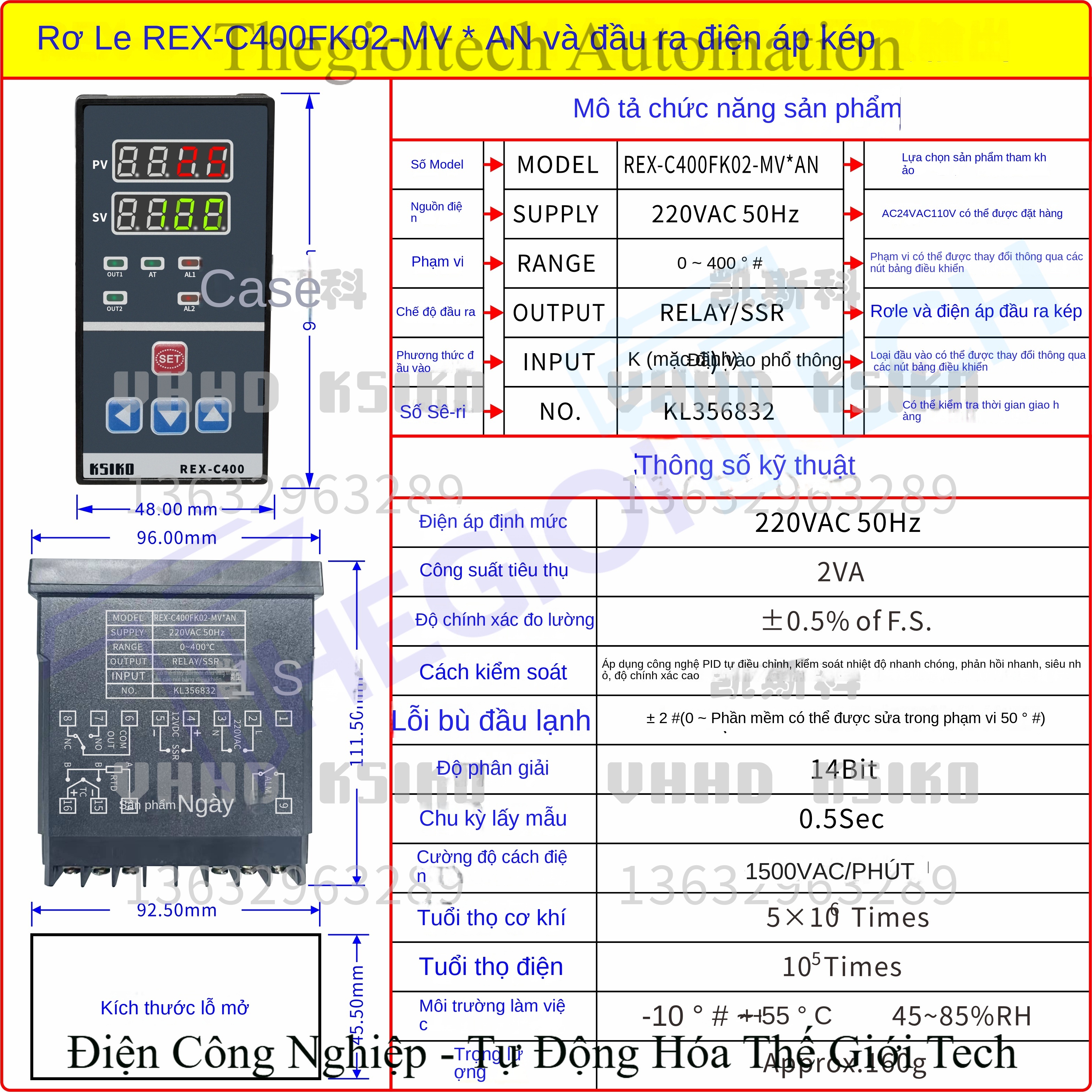 Bộ điều khiển nhiệt độ C900 FK02-B*AB, ngõ ra dòng điện, có cảnh báo ngưỡng trên/dưới, nguồn 220VAC - KSIKO