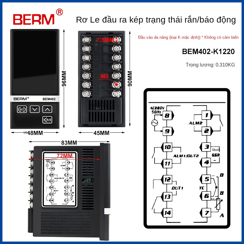 Bộ điều khiển nhiệt độ thông minh hiển thị số Beiermei BEM102 / 402 / 702 – Đa ngõ vào, điều khiển PID chính xác - BEM902 K320 – Bộ điều khiển nhiệt độ PID, ngõ ra 4–20mA