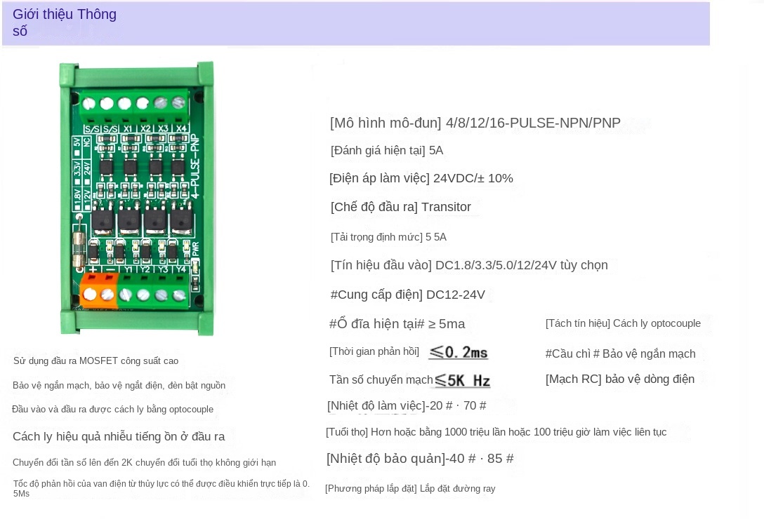 Bo khuếch đại DC 4 kênh cho PLC/MCU – Xuất PNP/NPN, cách ly quang, dùng IC dán - PNP (ngõ ra mức cao) - 12-24V