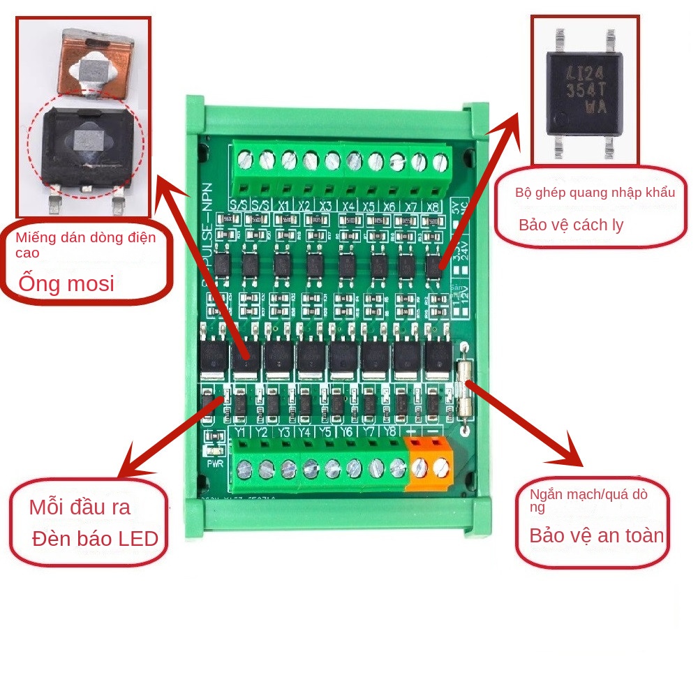 Bo khuếch đại tín hiệu DC 8 kênh cho PLC/vi điều khiển – Đầu ra PNP/NPN đa năng, cách ly quang, dùng transistor dán (SMD) - PNP – Ngõ ra mức cao (HIGH) - 12-24V