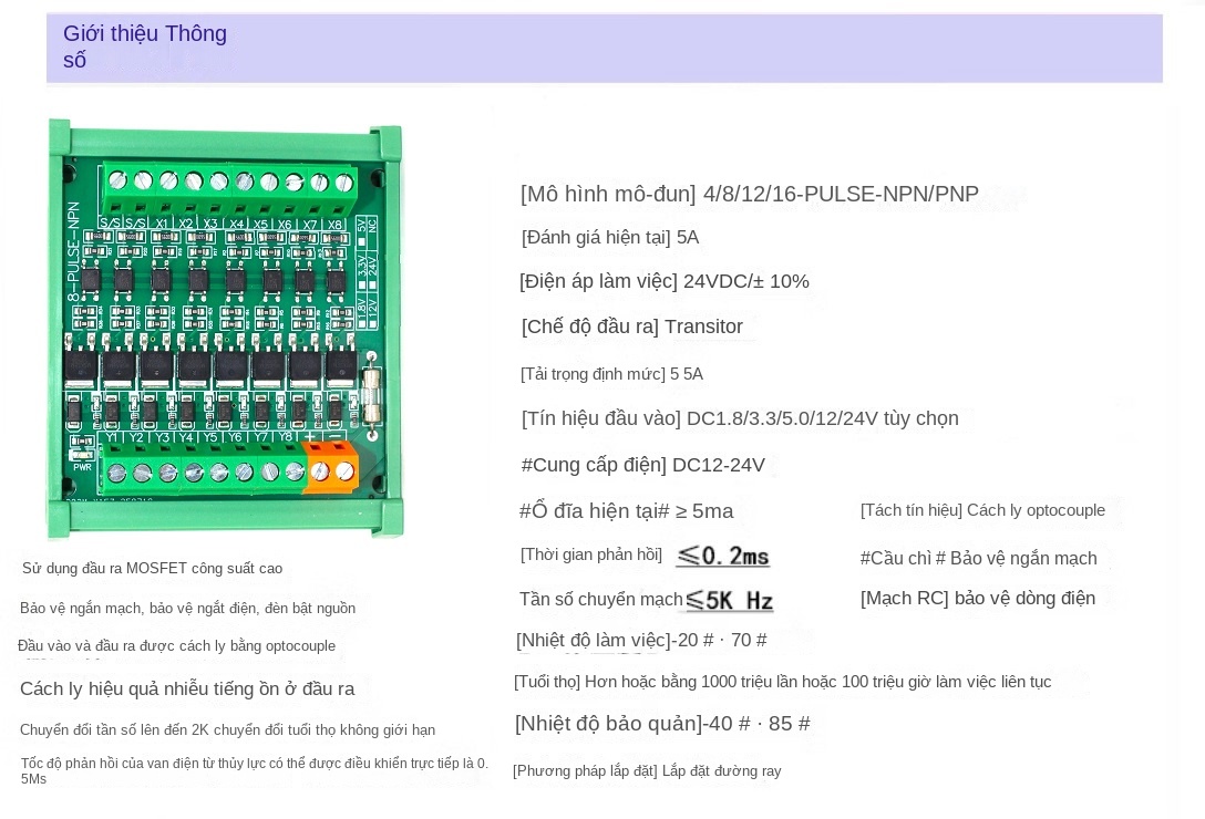 Bo khuếch đại tín hiệu DC 8 kênh cho PLC/vi điều khiển – Đầu ra PNP/NPN đa năng, cách ly quang, dùng transistor dán (SMD) - PNP – Ngõ ra mức cao (HIGH) - 12-24V
