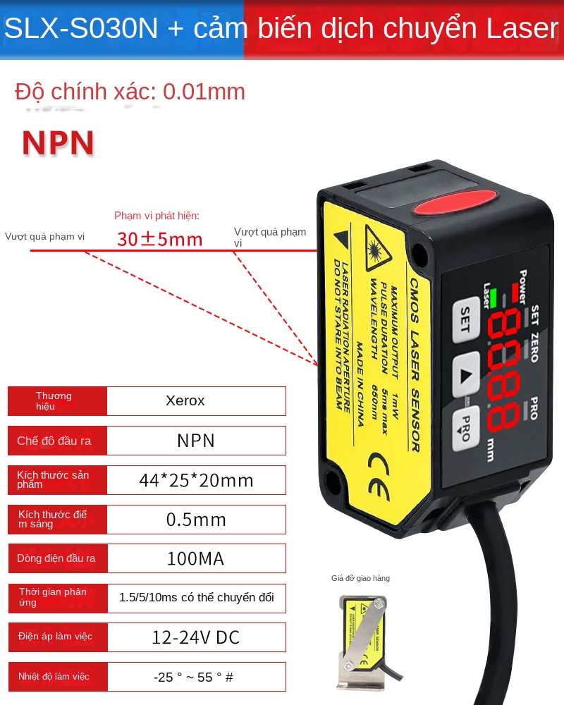 Cảm biến dịch chuyển laser đo khoảng cách – Độ chính xác cao, đo vị trí, điểm, đường; phát hiện độ cao thấp, độ phẳng; ngõ ra số và tương tự - SLX-S400MN – Cảm biến dịch chuyển ngõ ra số + analog NPN, độ chính xác 0.4mm