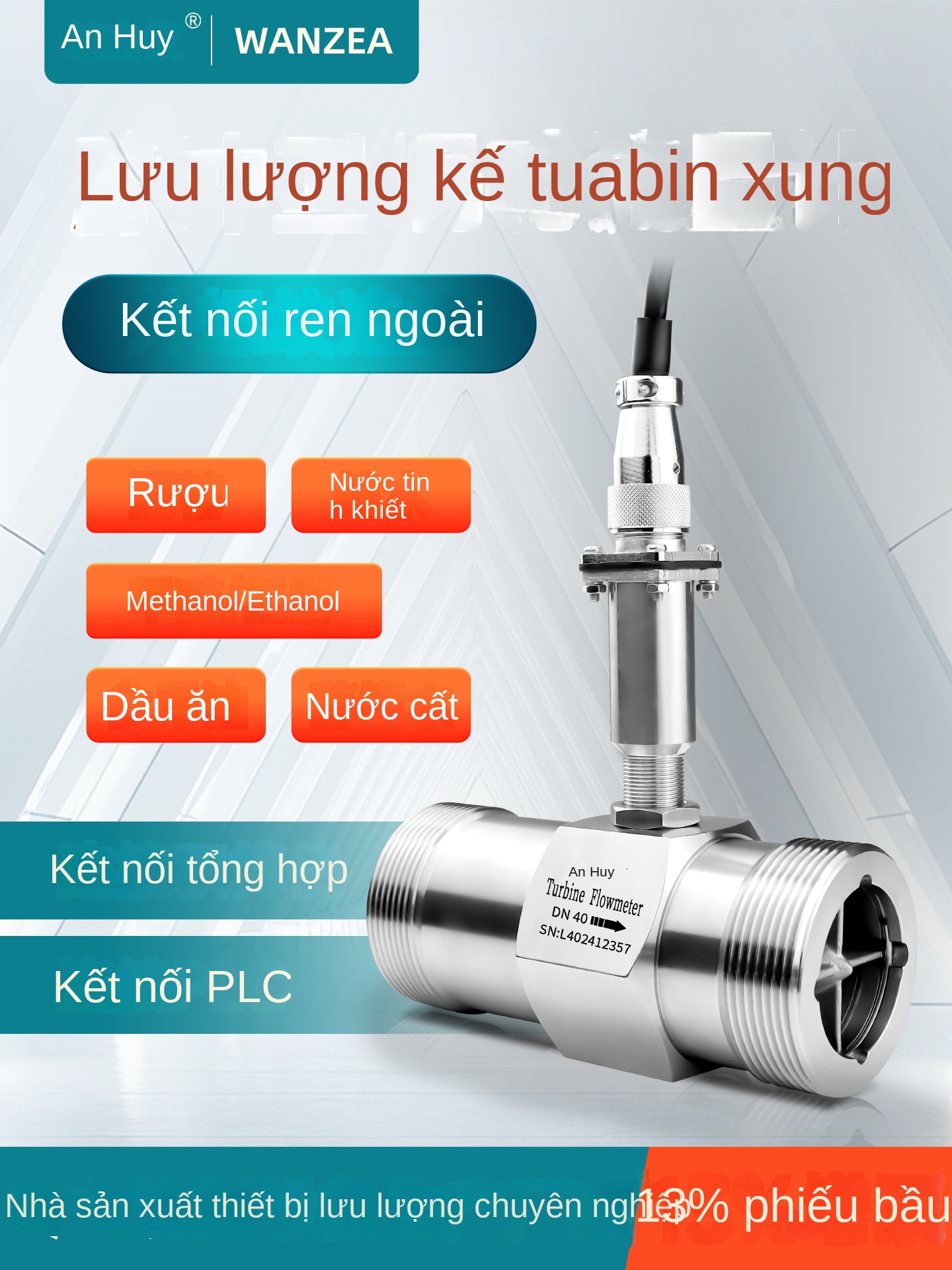 Cảm biến lưu lượng tuabin LWGY – Tín hiệu xung NPN/PNP, dùng cho chất lỏng, methanol, nước tinh khiết, vỏ inox lắp ống - DN20 – Kết nối ren ngoài, không hiển thị, ngõ ra xung