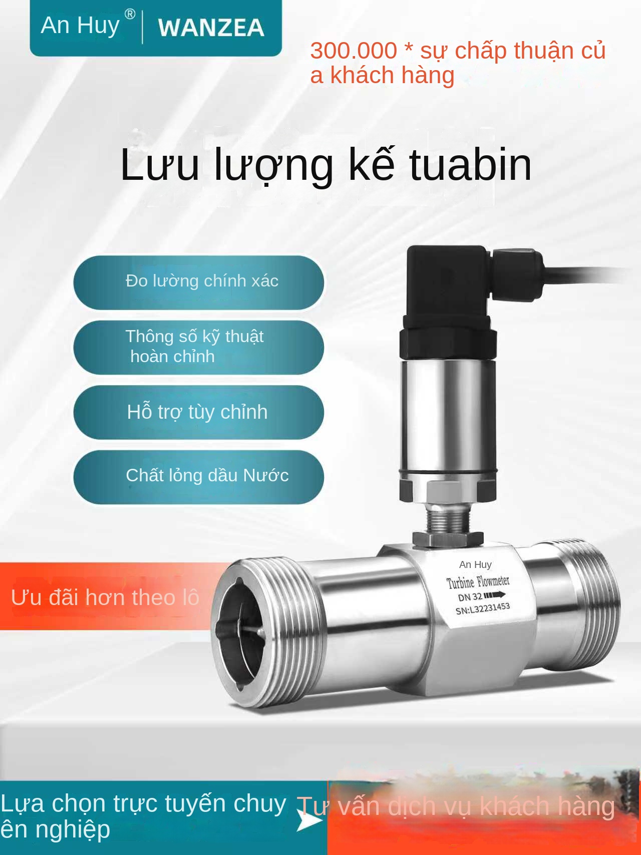 Cảm biến lưu lượng turbine chất lỏng – Dạng ren hoặc nhanh, đầu ra dòng 4–20mA & RS485, dùng cho nước tinh khiết - DN20 – Kết nối ren ngoài, không kèm hiển thị, giao tiếp RS485