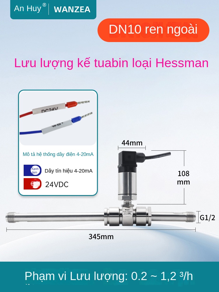 Cảm biến lưu lượng turbine chất lỏng – Dạng ren hoặc nhanh, đầu ra dòng 4–20mA & RS485, dùng cho nước tinh khiết - DN20 – Kết nối ren ngoài, không kèm hiển thị, giao tiếp RS485