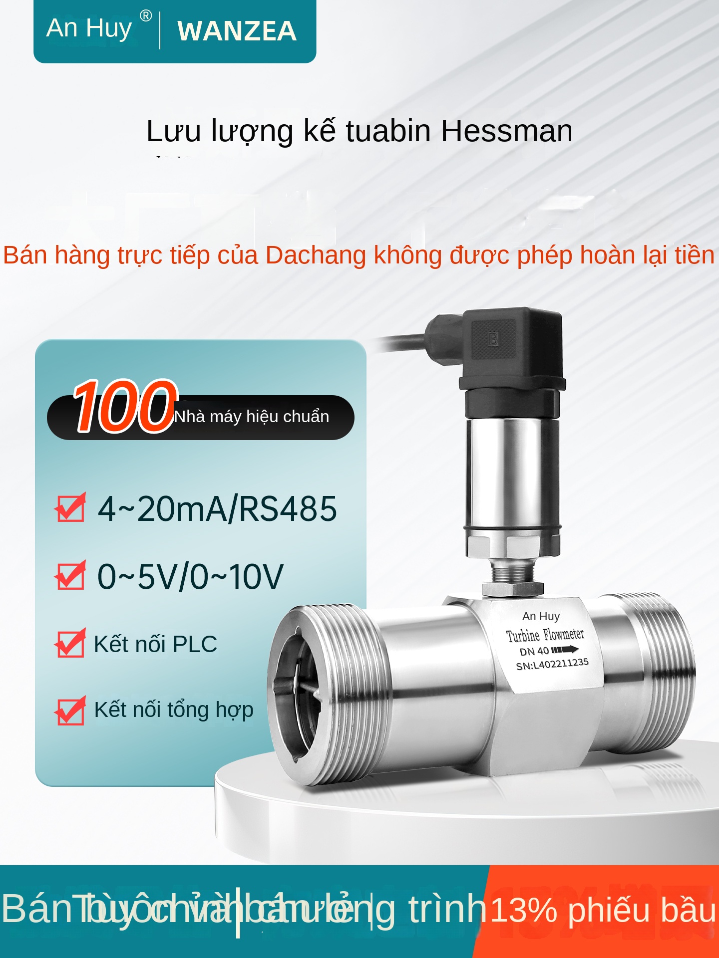 Cảm biến lưu lượng turbine chất lỏng – Dạng ren hoặc nhanh, đầu ra dòng 4–20mA & RS485, dùng cho nước tinh khiết - DN4 – Kết nối ren ngoài, không kèm hiển thị, giao tiếp RS485