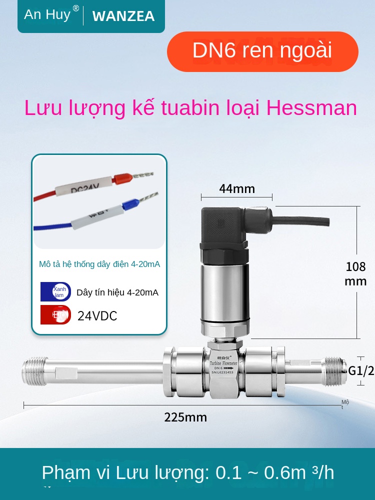 Cảm biến lưu lượng turbine chất lỏng – Dạng ren hoặc nhanh, đầu ra dòng 4–20mA & RS485, dùng cho nước tinh khiết - Kết nối ren trong / kẹp / đế bích (tùy chỉnh, liên hệ CSKH)