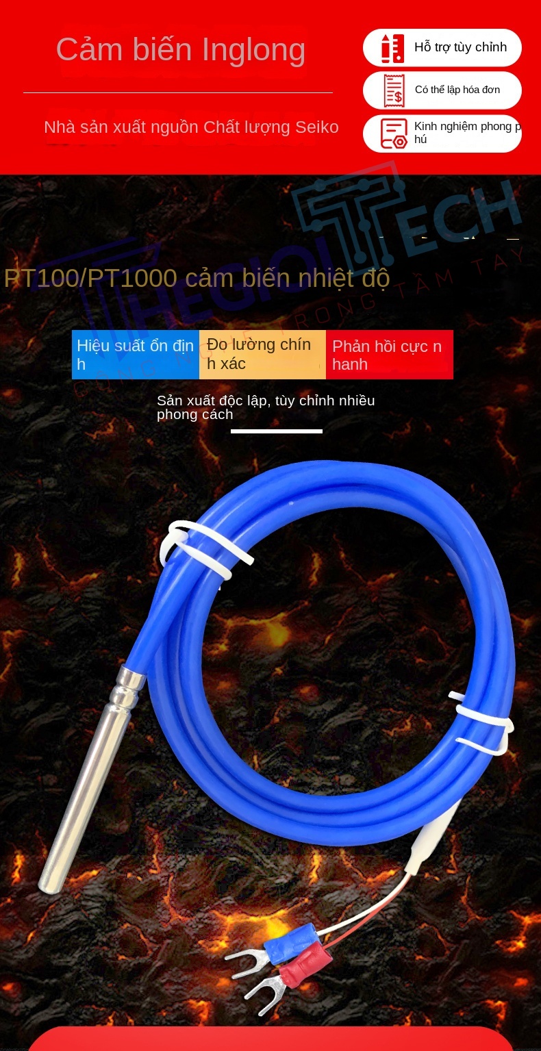 Cảm biến nhiệt độ PT100/PT1000 2 dây (2 lõi), điện trở bạch kim màu xanh, dây silicone - PT1000 A 1.5m 0.1