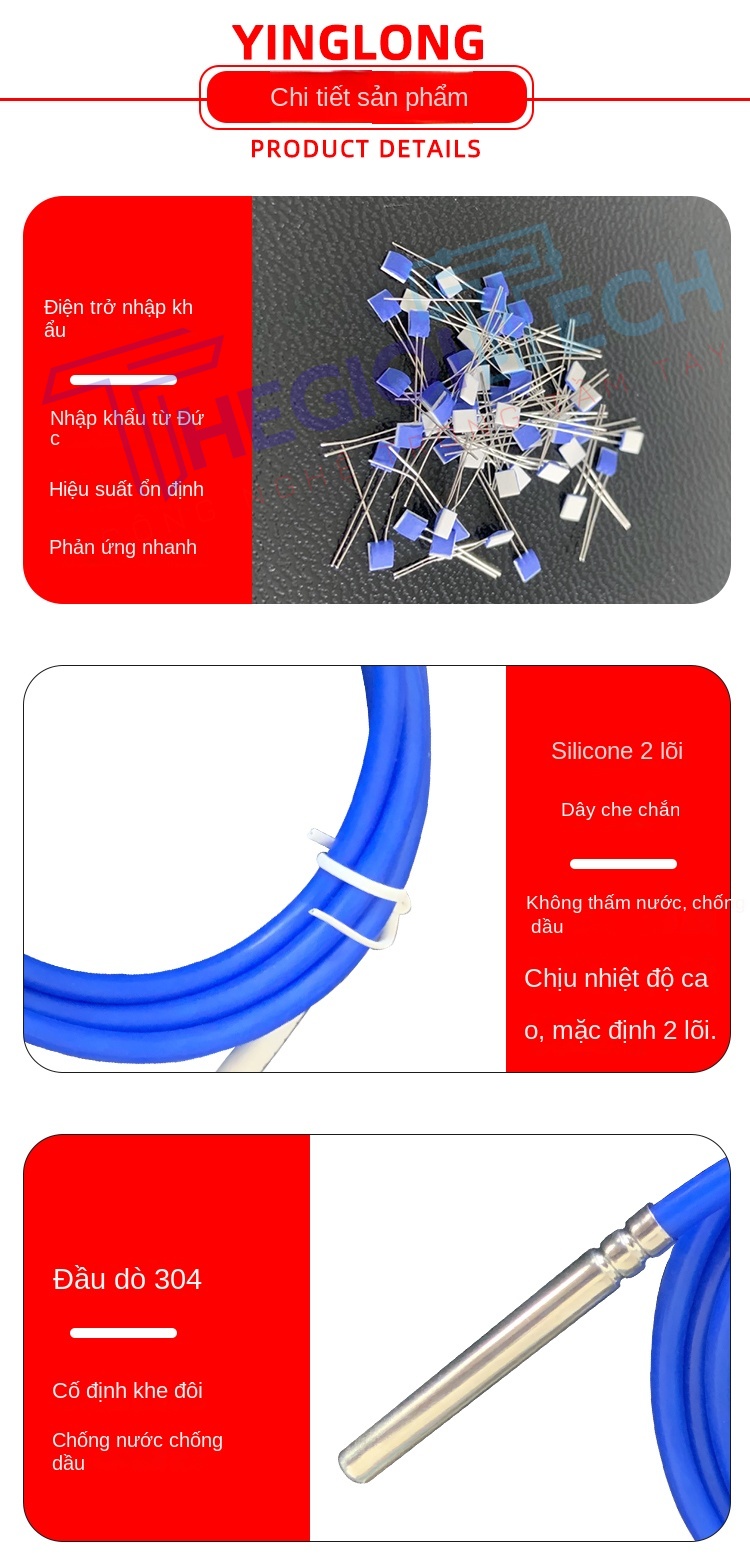 Cảm biến nhiệt độ PT100/PT1000 2 dây (2 lõi), điện trở bạch kim màu xanh, dây silicone - PT1000 A 1.5m 0.1