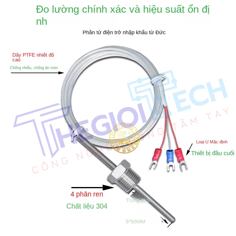 Cảm biến nhiệt độ PT100/PT1000, 2 dây/3 dây, đầu dò điện trở bạch kim, ren 4分 cố định - 4分 φ5×100 5m