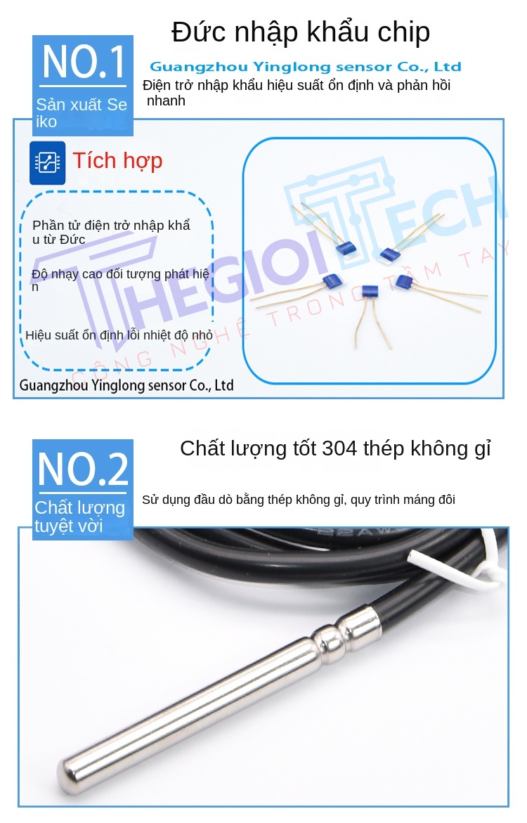 Cảm biến nhiệt độ PT100/PT1000, 2 dây & 3 dây, dây silicone chịu nhiệt, độ chính xác cao, bền bỉ cho công nghiệp - PT100-2D A 1m