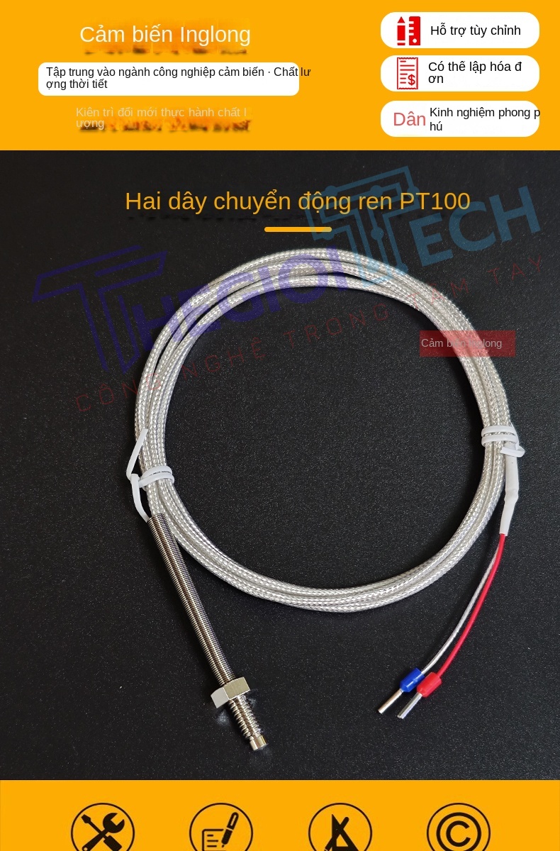 Cảm biến nhiệt độ PT100/PT1000 2 dây, kiểu ren M6, đầu dò điện trở bạch kim công nghiệp - PT100 A 1m