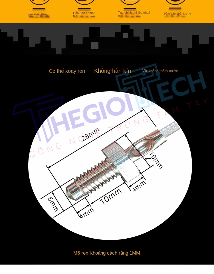 Cảm biến nhiệt độ PT100/PT1000 2 dây, kiểu ren M6, đầu dò điện trở bạch kim công nghiệp - PT100 A 1m