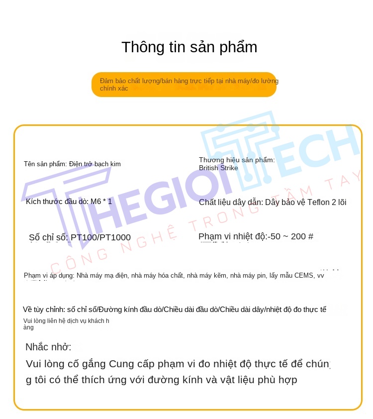 Cảm biến nhiệt độ PT100/PT1000 2 dây, kiểu ren M6, đầu dò điện trở bạch kim công nghiệp - PT100 A 1m