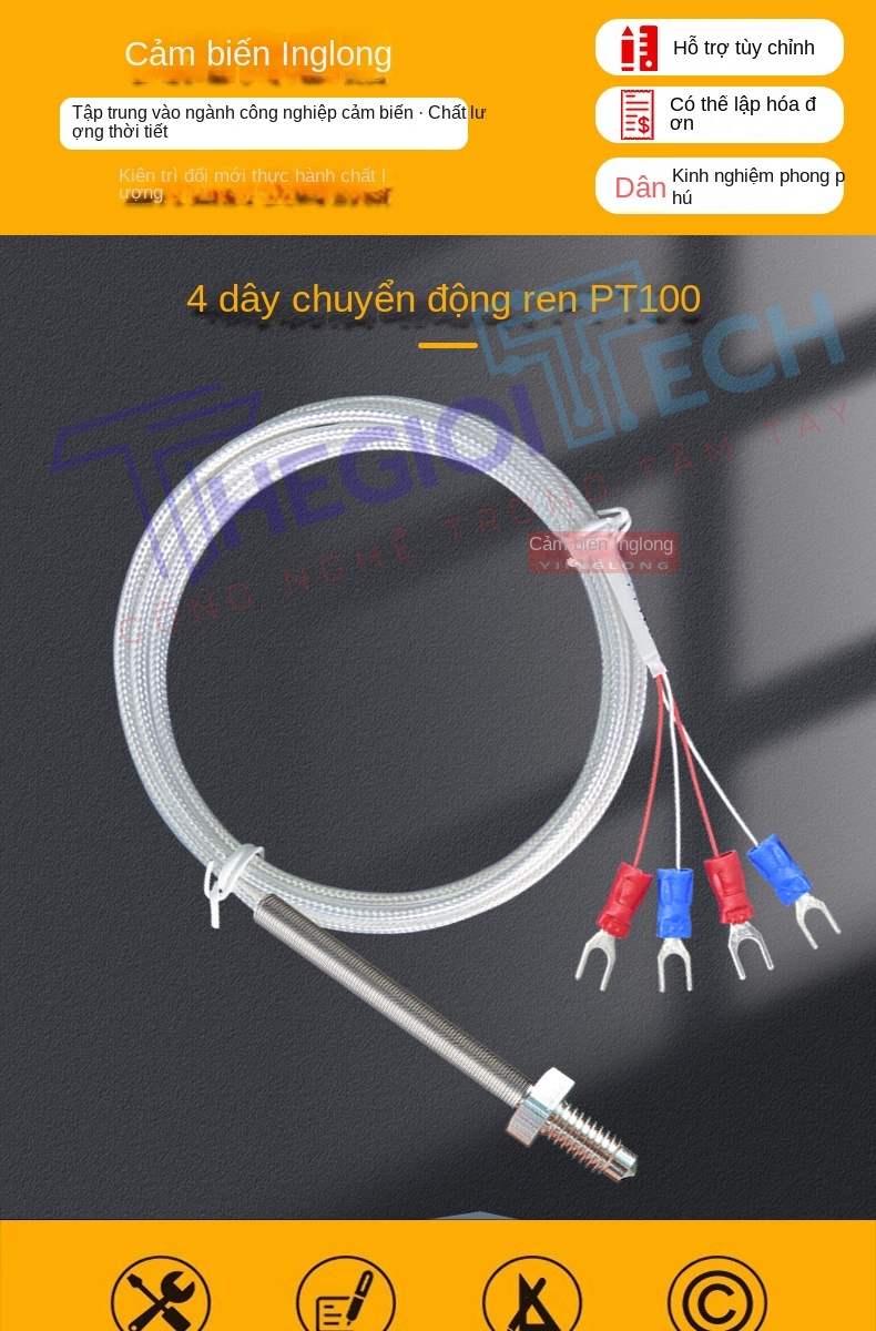 Cảm biến nhiệt độ PT100/PT1000 4 dây (4 lõi), đầu dò điện trở bạch kim ren M6, công nghiệp - PT1000 2m M6