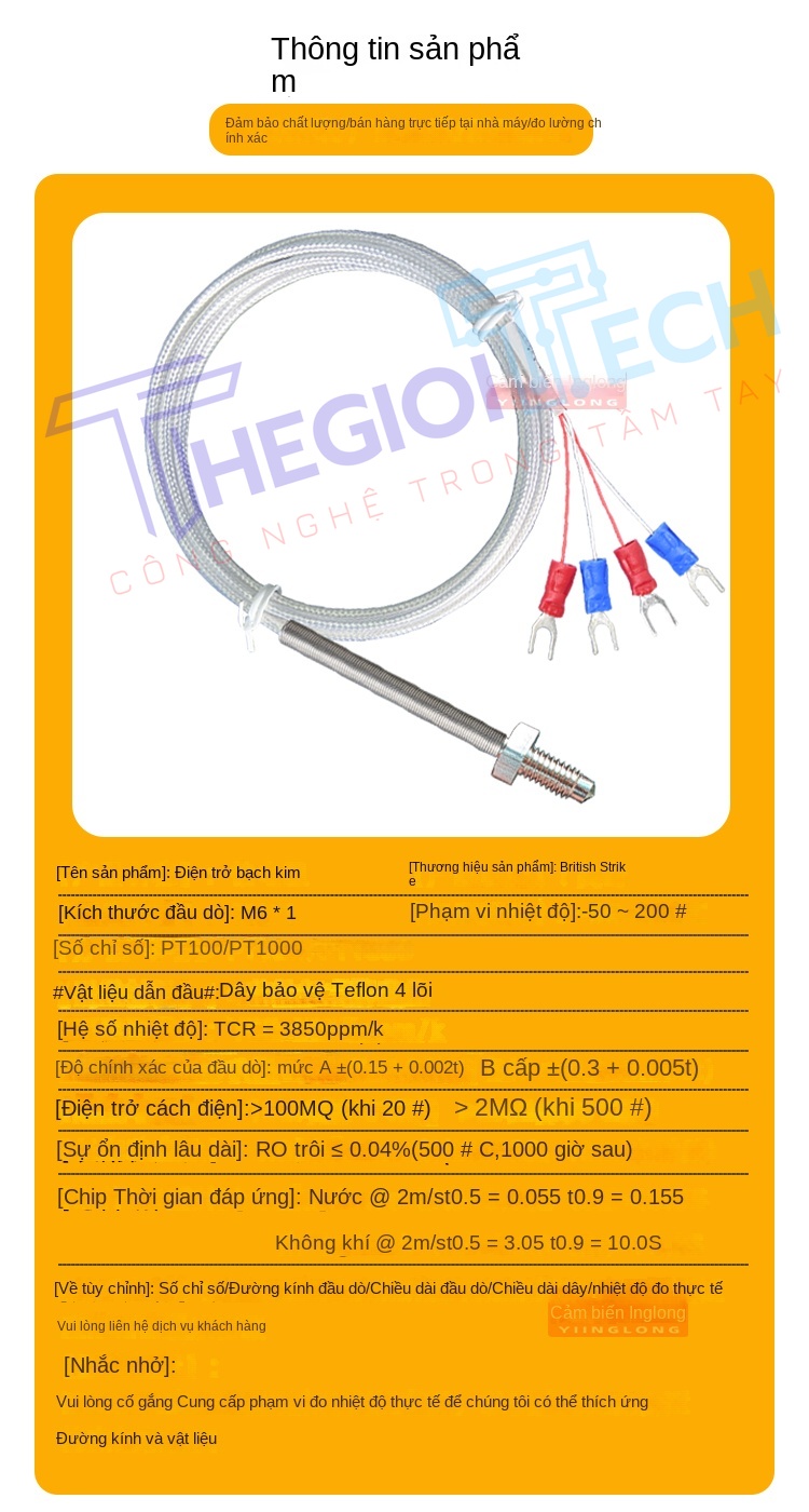 Cảm biến nhiệt độ PT100/PT1000 4 dây (4 lõi), đầu dò điện trở bạch kim ren M6, công nghiệp - PT1000 2m M6