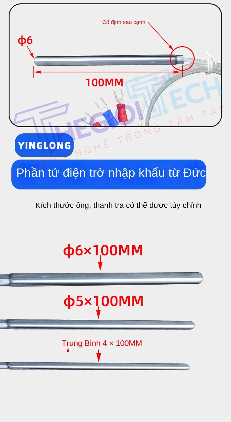 Cảm biến nhiệt độ PT100/PT1000 dài 100mm, đầu dò điện trở bạch kim độ chính xác cao, đo nhiệt công nghiệp - Φ6×100 1.5m