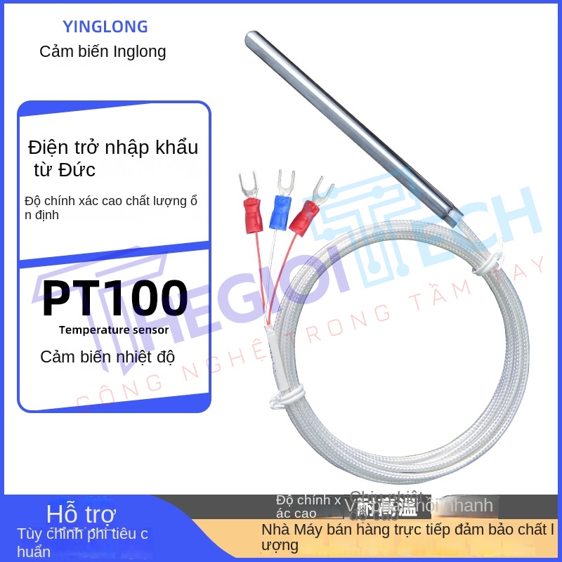Cảm biến nhiệt độ PT100/PT1000 dài 100mm, đầu dò điện trở bạch kim độ chính xác cao, đo nhiệt công nghiệp - Φ6×100 2m