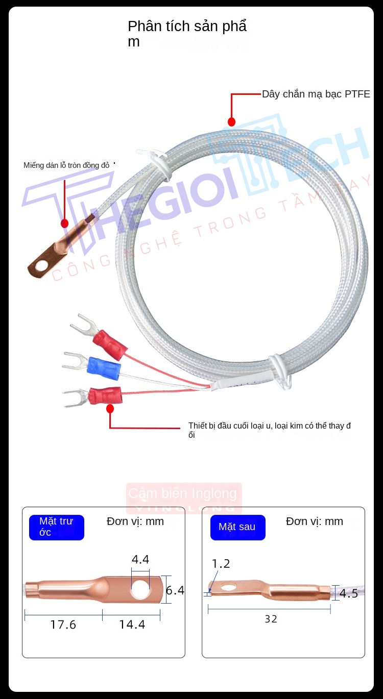Cảm biến nhiệt độ PT100/PT1000, đầu dò dạng lỗ tròn, điện trở bạch kim 3 dây, kiểu dán bề mặt - PT1000 ghi chú