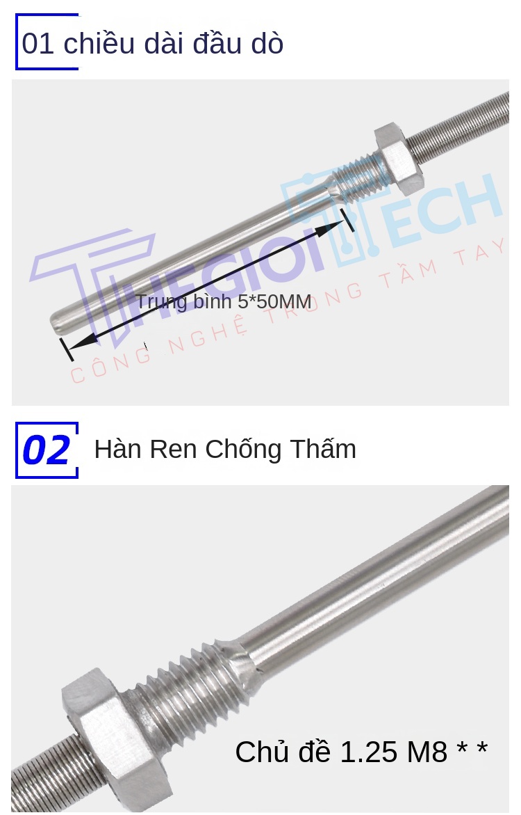 Cảm biến nhiệt độ PT100/PT1000, đầu dò điện trở bạch kim inox, chống nước, ren cố định, kèm nhiệt điện K/E - PT100 φ5×100 1m