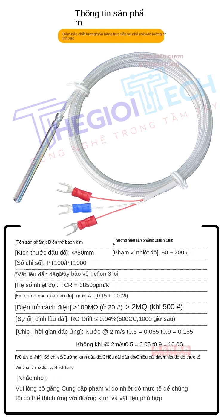 Cảm biến nhiệt độ PT100/PT1000, đầu dò điện trở bạch kim / nhiệt điện K, kích thước 4×50mm - PT100 A φ4×50 2m