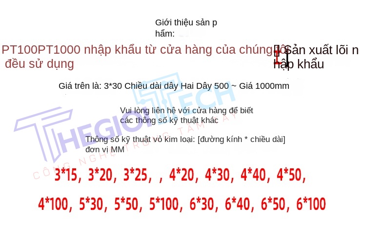 Cảm biến nhiệt độ PT100/PT1000 nhập khẩu, đầu dò điện trở bạch kim, 2 dây, chịu nhiệt, vỏ Teflon, kích thước 3×20mm & 3×30mm - PT1000 A φ3×20 2m