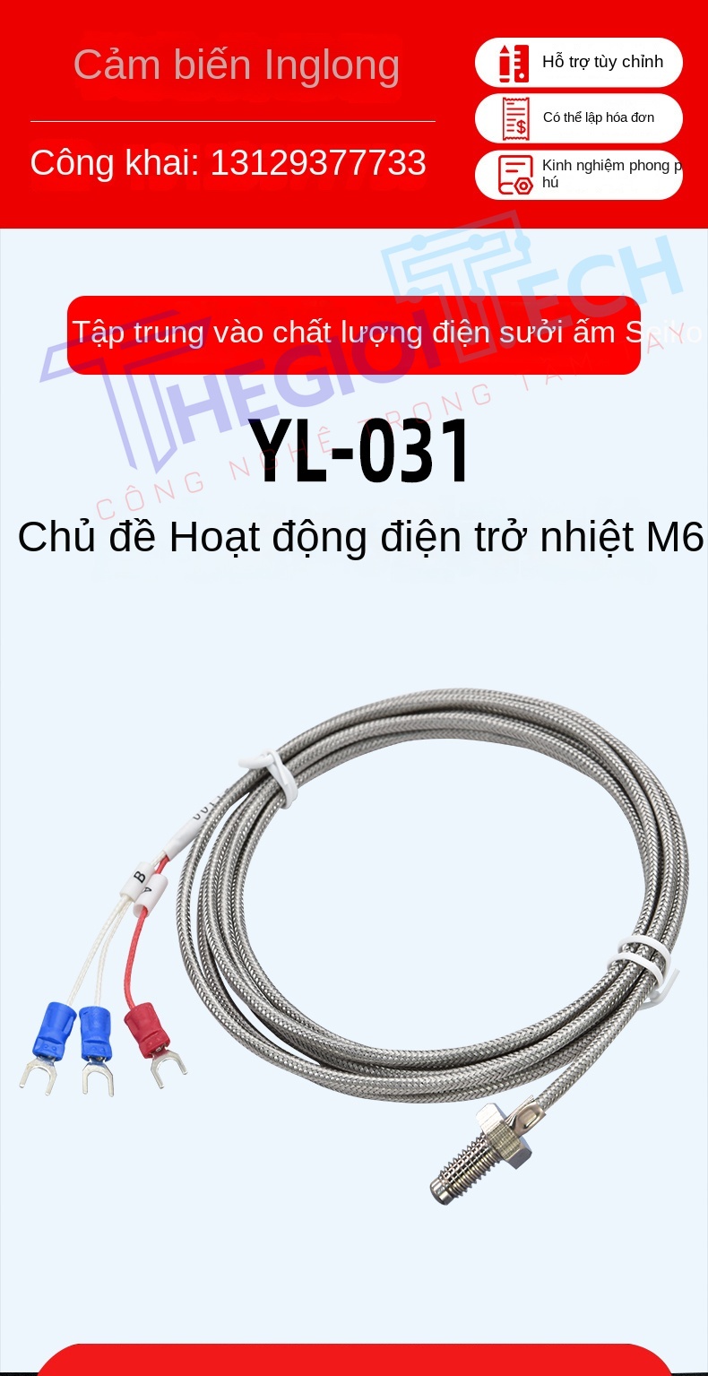 Cảm biến nhiệt độ PT100/PT1000 ren M8/M6, đầu dò công nghiệp độ chính xác cao, chịu nhiệt cao - PT100-A 3m M6