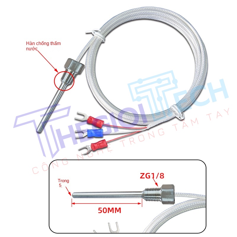 Cảm biến nhiệt độ PT100/PT1000, ren cố định 1/8" (ZG1/8), điện trở bạch kim cho thiết bị công nghiệp & máy pha cà phê - PT100 ZG1/8φ5×50 0.5