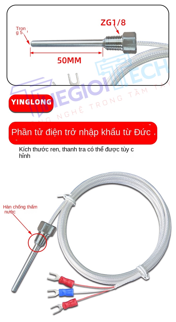 Cảm biến nhiệt độ PT100/PT1000, ren cố định 1/8" (ZG1/8), điện trở bạch kim cho thiết bị công nghiệp & máy pha cà phê - PT100 ZG1/8φ5×50 4m