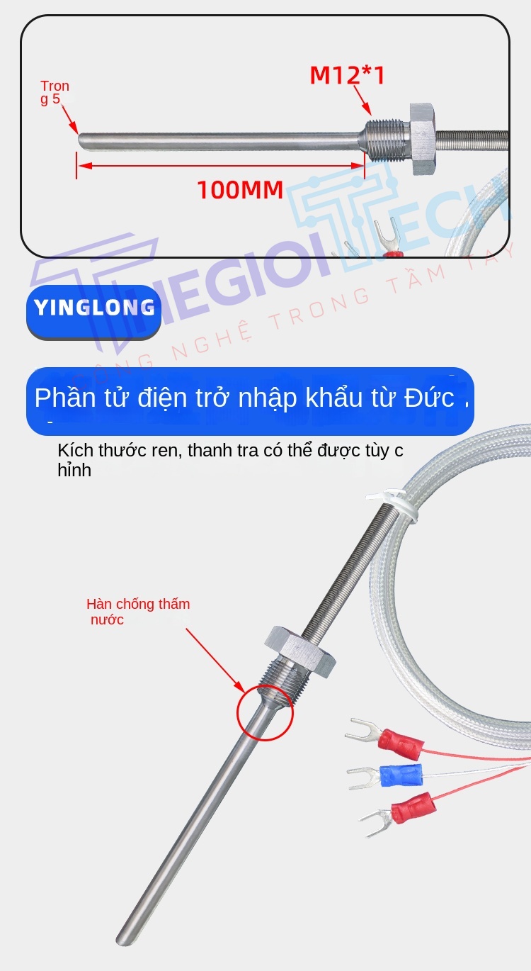 Cảm biến nhiệt độ PT100 Yinglong, ren cố định M12, điện trở bạch kim công nghiệp - φ5×50 2m M12×1.5