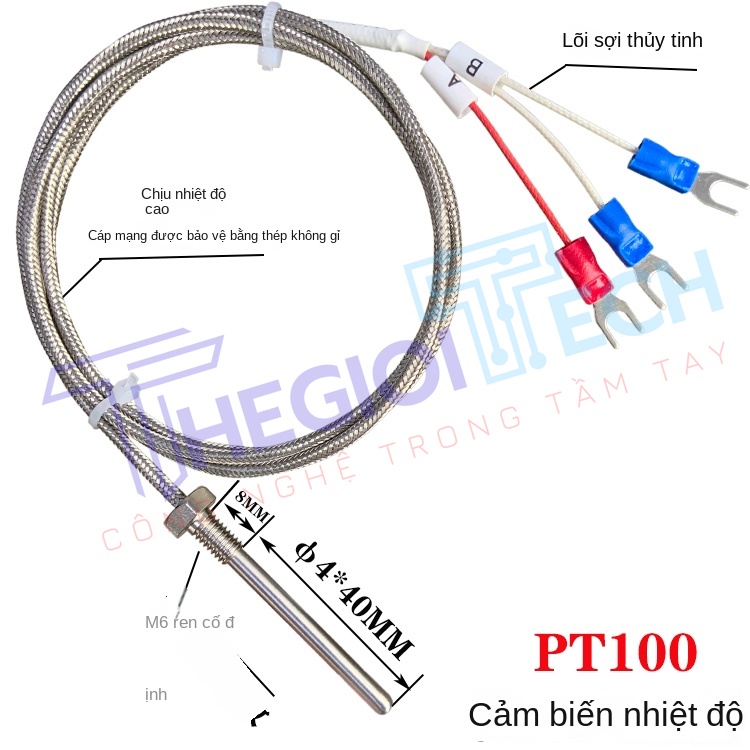 Cảm biến nhiệt độ PT100 chịu nhiệt cao PT100 điện trở nhiệt 500℃ - Φ4×40MM-M6 3m