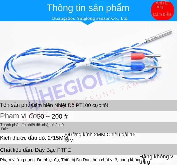 Cảm biến nhiệt độ PT100, đầu dò điện trở bạch kim 2 dây, đường kính 2mm