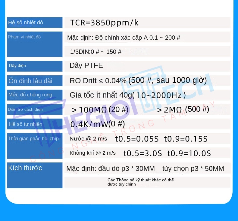 Cảm biến nhiệt độ PT100, đầu dò điện trở bạch kim, dây 3 lõi có chống nhiễu, đường kính 3mm trong suốt - B -50-200C 0.5m