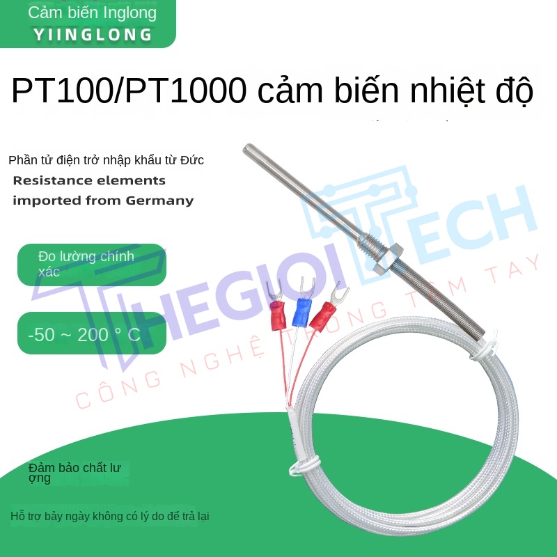 Cảm biến nhiệt độ PT100, đầu dò điện trở bạch kim inox, chống nước, ren cố định, kèm nhiệt điện K/E - PT100 φ5×100 1m