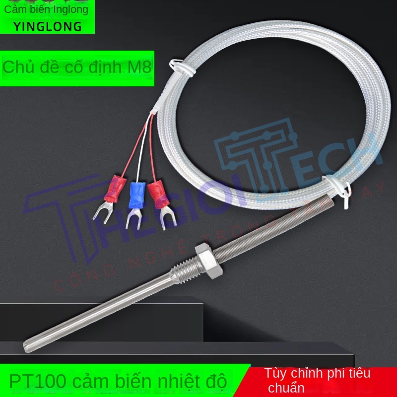 Cảm biến nhiệt độ PT100, đầu dò điện trở bạch kim inox, chống nước, ren cố định, kèm nhiệt điện K/E - PT100 φ5×100 1m