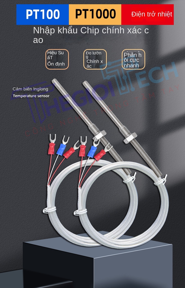 Cảm biến nhiệt độ PT100, đầu dò điện trở bạch kim inox, chống nước, ren cố định, kèm nhiệt điện K/E - PT100 φ5×100 5m