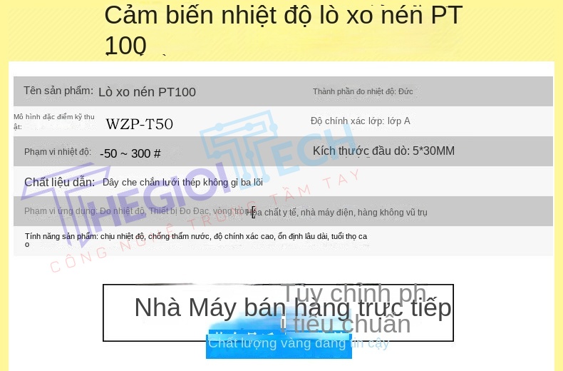 Cảm biến nhiệt độ PT100 kiểu lò xo ép, đầu dò điện trở bạch kim, đo nhiệt độ chính xác, chịu nhiệt cao - PT100 A 1.5m