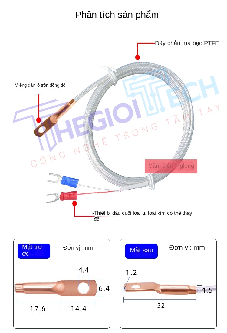 Cảm biến nhiệt độ PT100PT1000 2 dây, đầu dò dạng lỗ tròn, điện trở bạch kim kiểu dán bề mặt - PT100 A 5m 0.1