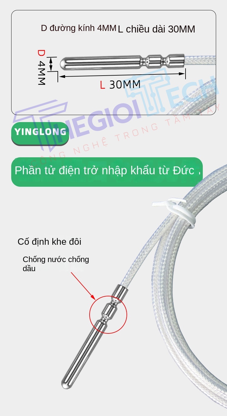 Cảm biến nhiệt độ PT100PT1000 2 dây, điện trở bạch kim A级, chịu nhiệt cao, độ chính xác cao cho công nghiệp - PT1000 A 1.5m