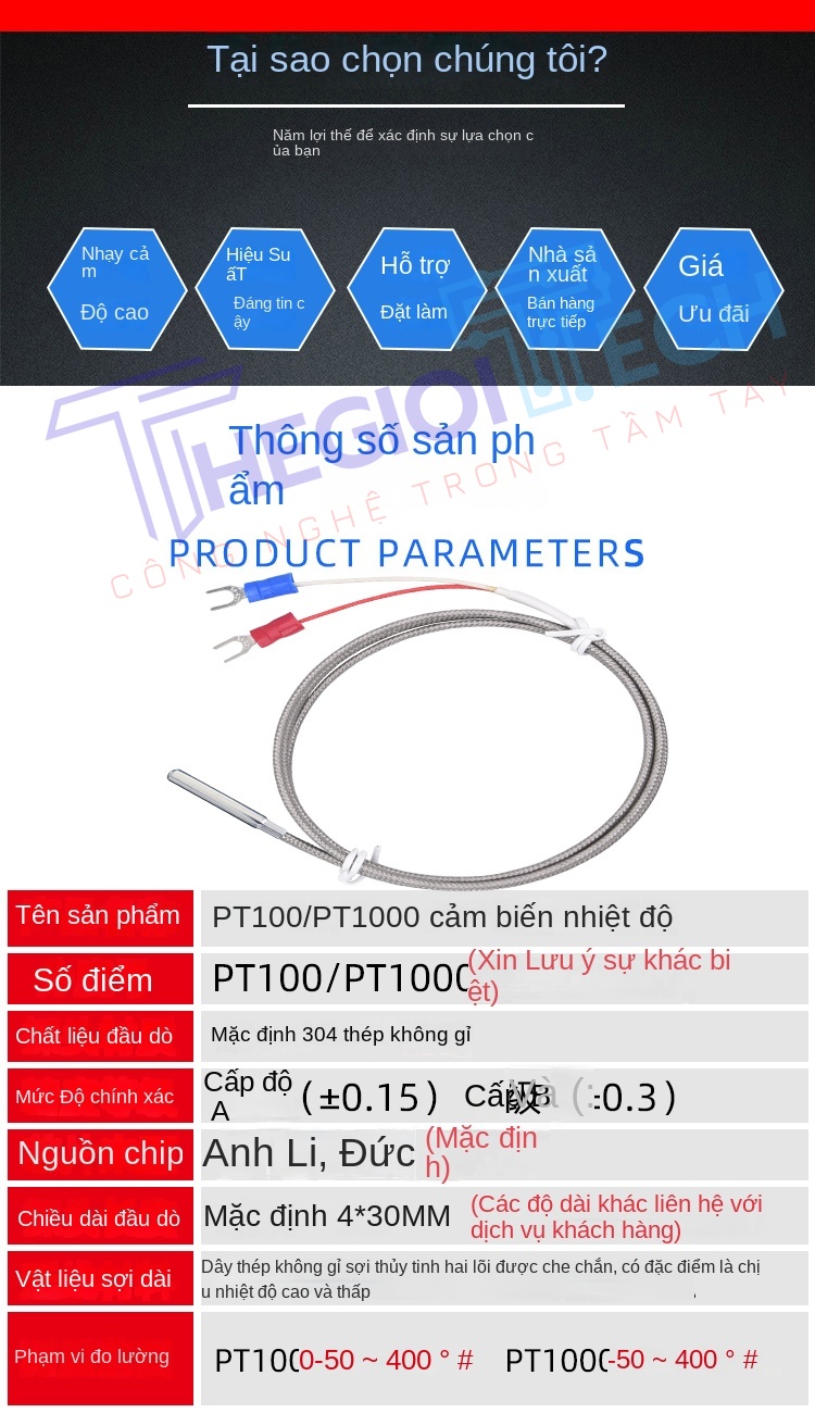 Cảm biến nhiệt độ PT100PT1000 2 dây, điện trở bạch kim, đầu dò nhiệt điện trở công nghiệp - PT100 B 4m