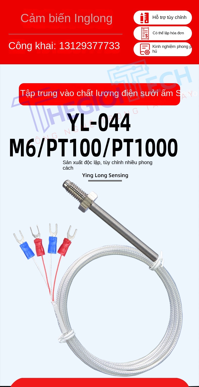 Cảm biến nhiệt độ PT100PT1000 4 dây (4 lõi), ren M6, đầu dò điện trở bạch kim công nghiệp - PT1000 5m M6