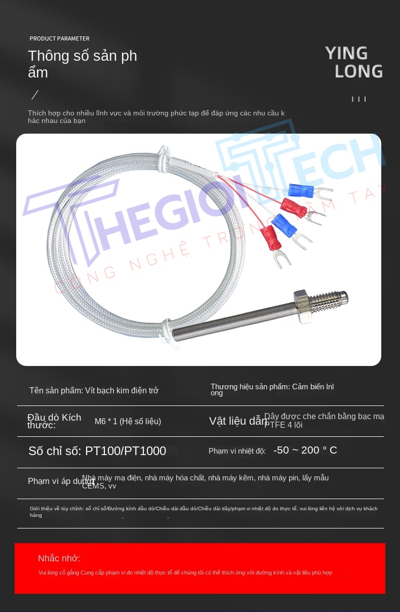 Cảm biến nhiệt độ PT100PT1000 4 dây (4 lõi), ren M6, đầu dò điện trở bạch kim công nghiệp - PT1000 5m M6
