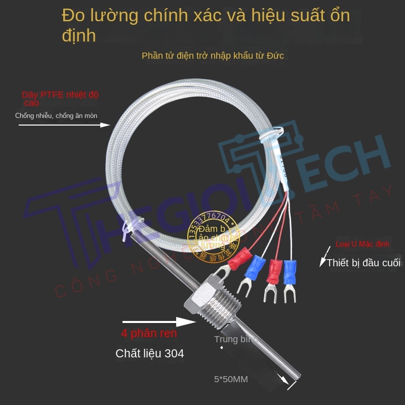 Cảm biến nhiệt độ PT100PT1000 4 dây, ren 4分 cố định, điện trở bạch kim, thương hiệu Yinglong - 1/4 φ5×100 2m