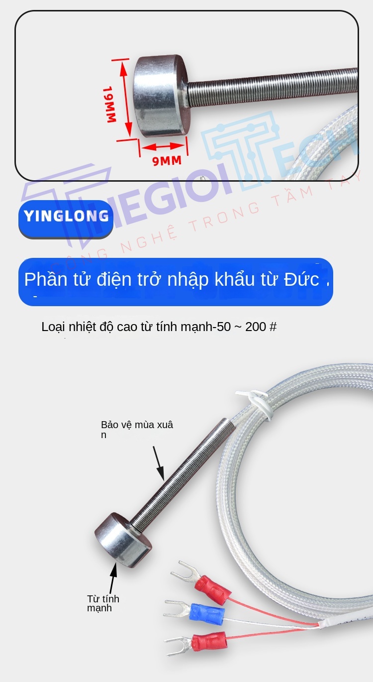 Cảm biến nhiệt độ PT100PT1000 dạng hút nam châm, đầu dò điện trở bạch kim, gắn trực tiếp trên bề mặt kim loại - 3m nam châm 80C