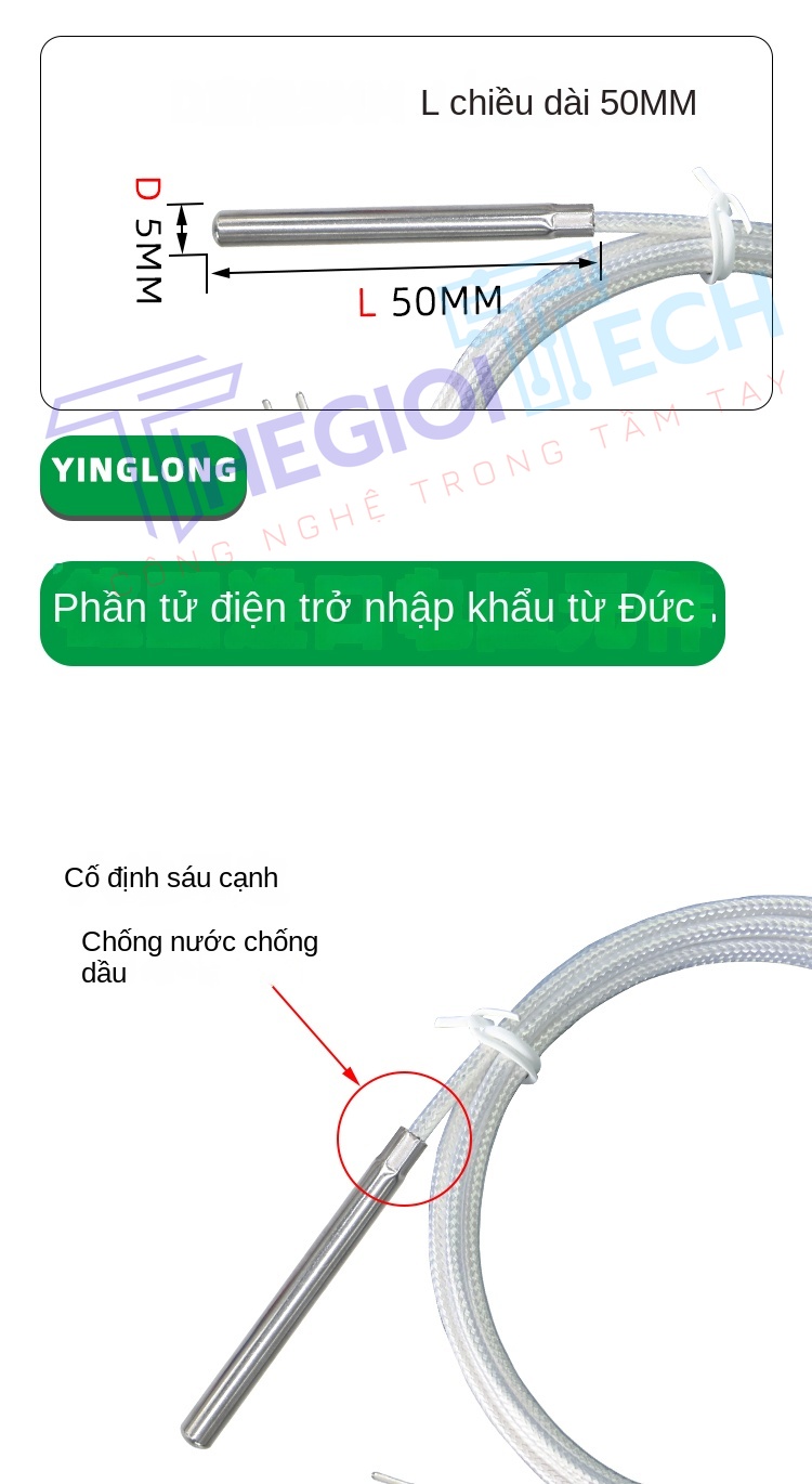 Cảm biến nhiệt độ PT100PT1000, đầu dò bạch kim 3 dây, đường kính 5mm, độ chính xác cao - PT100 φ5×50 5m 0.1