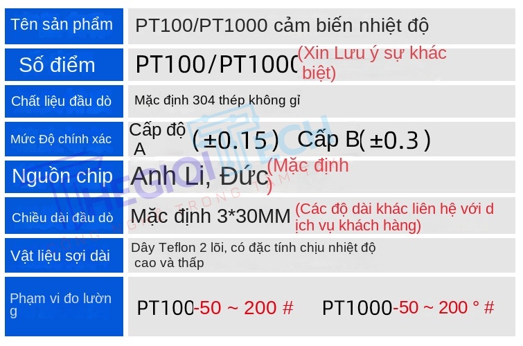 Cảm biến nhiệt độ PT100PT1000 dây 2 sợi màu xanh, điện trở bạch kim A级, độ chính xác cao - PT1000-A 8m